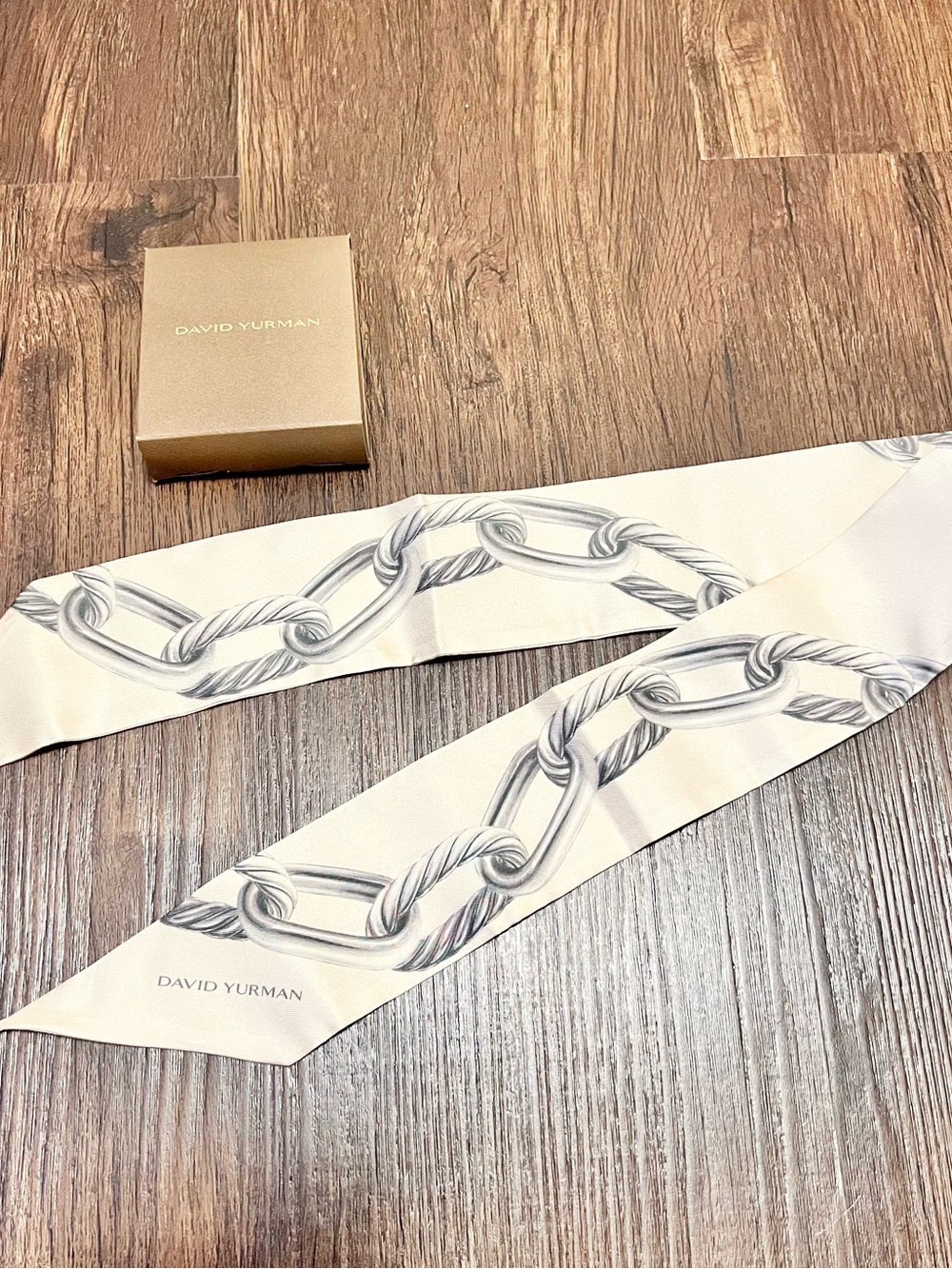 David Yurman Cream Silk Scarf with Gray Chain Print